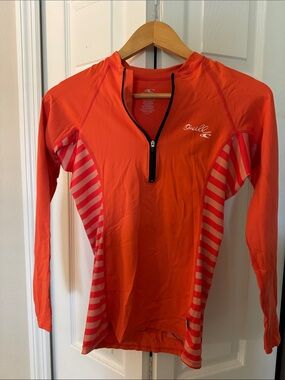 O'Neill Women's Bright Orange Long-Sleeve Rash Guard with Pink Stripe Panels